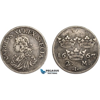 AC788, Sweden, Karl XI, 2 Mark 1667, Stockholm, Silver, SM 115, aVF