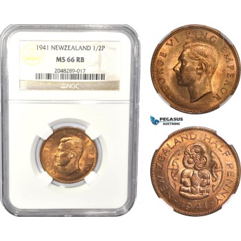 AC817, New Zealand, George V, 1/2 Penny 1941, NGC MS66RB, Pop 1/0