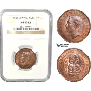 AC818, New Zealand, George V, 1/2 Penny 1942, NGC MS65RB, Pop 4/0