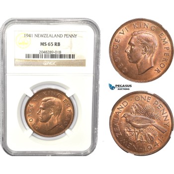 AC819, New Zealand, George V, 1 Penny 1941, NGC MS65RB, Pop 7/0