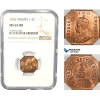 AC827, Straits Settlements, George V, 1/2 Cent 1932, NGC MS65RB