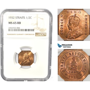 AC827, Straits Settlements, George V, 1/2 Cent 1932, NGC MS65RB