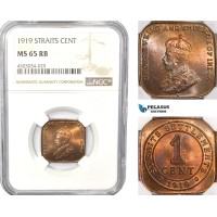 AC828, Straits Settlements, George V, 1 Cent 1919, NGC MS65RB