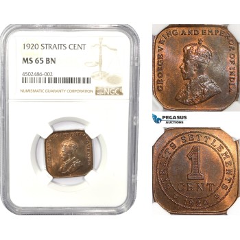 AC829, Straits Settlements, George V, 1 Cent 1920, NGC MS65BN