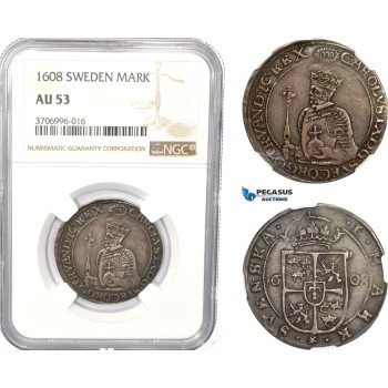 AC830, Sweden, Karl IX, 1 Mark 1608, Stockholm, Silver, NGC AU53