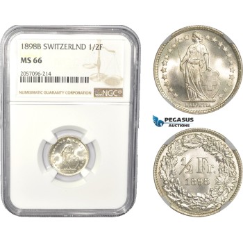 AC832, Switzerland, 1/2 Franc 1898-B, Bern, Silver, NGC MS66, Pop 5/0