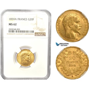 AC833, France, Napoleon III, 20 Francs 1859-A, Paris, Gold, NGC MS62
