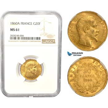 AC834, France, Napoleon III, 20 Francs 1860-A, Paris, Gold, NGC MS61