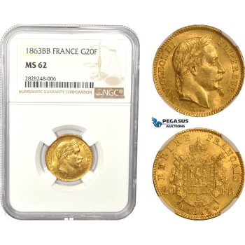 AC835, France, Napoleon III, 20 Francs 1863-BB, Strasbourg, Gold, NGC MS62