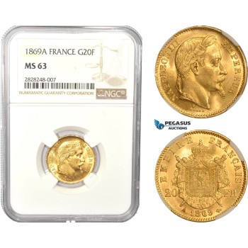 AC836, France, Napoleon III, 20 Francs 1869-A, Paris, Gold, NGC MS63