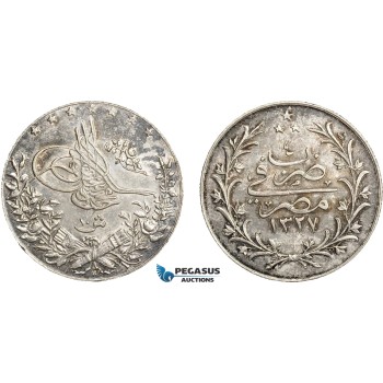 AC838, Ottoman Empire, Egypt, Mehmed Reshad V, 10 Piastres AH1327/4-H, Heaton, Silver, Toned AU-UNC (Light cleaning)