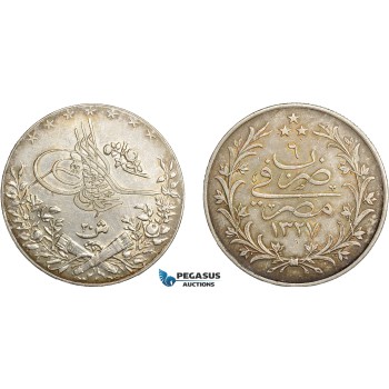 AC839, Ottoman Empire, Egypt, Mehmed Reshad V, 20 Piastres AH1327/6-H, Heaton, Silver, Toned AU (Light cleaning)