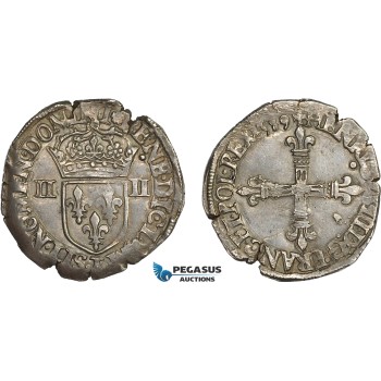 AC840, France, Henri III, 1/4 Ecu 1589-T, Nantes, Silver (9.65g) Ci. 1516, Toned AU