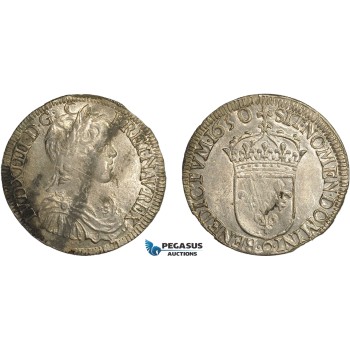 AC844, France, Louis XIV, 1/2 Ecu 1650-Q, Narbonne, Silver (13.54g) Ga. 169, Stained AU