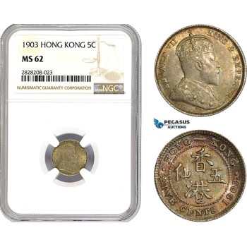 AC875, Hong Kong, Edward VII, 5 Cents 1903, Silver, NGC MS62