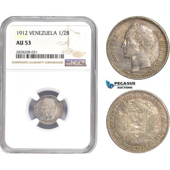 AC887, Venezuela, 1/2 Bolivar 1912, Paris, Silver, NGC AU53