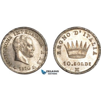AC891, Italy, Kingdom of Napoleon, 10 Soldi 1810-M, Milan, Silver, Toned aUNC