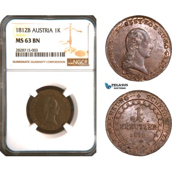 AC903, Austria, Franz II, 1 Kreuzer 1812-B, Kremnitz, NGC MS63BN, Pop 1/0