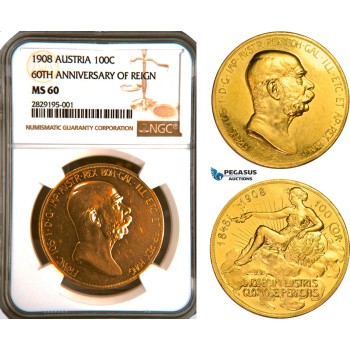 AC905, Austria, Franz Joseph, Lady in the clouds 100 Corona 1908, Vienna, Gold 60TH ANNIVERSARY OF REIGN NGC MS60