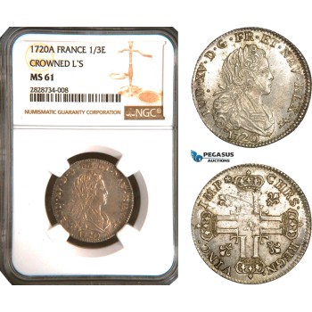 AC920, France, Louis XV, 1/3 Ecu 1720-A, Paris, Silver, NGC MS61