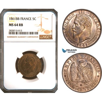 AC925, France, Napoleon III, 5 Centimes 1861-BB, Strasbourg, NGC MS64RB, Pop 3/1