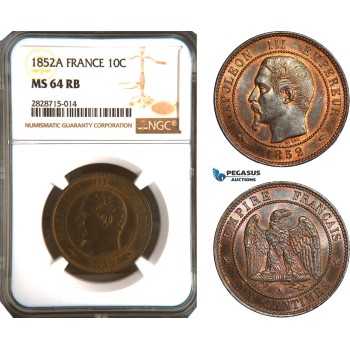 AC926, France, Napoleon III, 10 Centimes 1852-A, Paris, NGC MS64RB