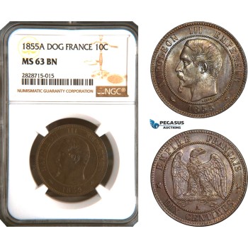 AC927, France, Napoleon III, 10 Centimes 1855-A (Dog) Paris, NGC MS63BN, Pop 2/0