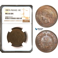 AC929, France, Third Republic, 10 Centimes 1887-A, Paris, NGC MS64BN, Pop 4/1