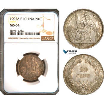AC937, French Indo-China, 20 Centimes 1901-A, Paris, Silver, NGC MS64