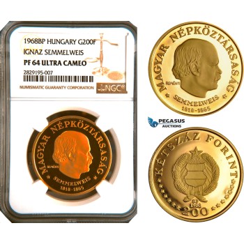 AC939, Hungary, Semmelweis 200 Forint 1968-BP, Budapest, Gold, NGC PF64 Ultra Cameo