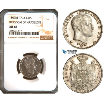 AC941, Italy, Kingdom of Napoleon, 1 Lira 1809-M, Milan, Silver, NGC MS63, Pop 2/0