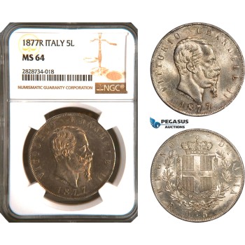AC943, Italy, Vitt. Emanuele II, 5 Lire 1877-R, Rome, Silver, NGC MS64, Pop 2/1