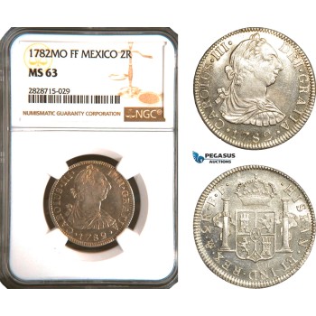 AC945, Mexico, Charles IV, 2 Reales 1782 Mo FF, Mexico City, Silver, NGC MS63
