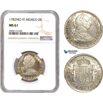 AC946, Mexico, Charles IV, 2 Reales 1782 Mo FF, Mexico City, Silver, NGC MS61