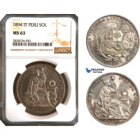 AC947, Peru, 1 Sol 1894 Lima TF, Lima, Silver, NGC MS63 AC947, Peru, 1 Sol 1894 Lima TF, Lima, Silver, NGC MS63