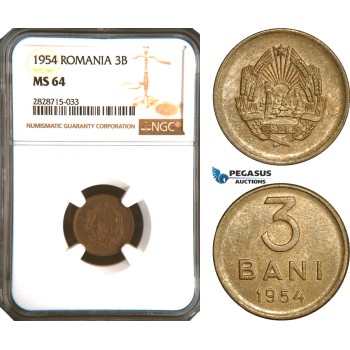 AC949, Romania, 3 Bani 1954, NGC MS64, Rare!