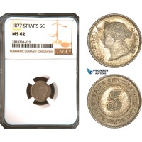 AC959, Straits Settlements, Victoria, 5 Cents 1877, Silver, NGC MS62, Pop 2/1, Rare!