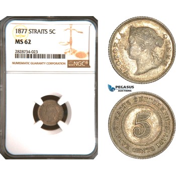 AC959, Straits Settlements, Victoria, 5 Cents 1877, Silver, NGC MS62, Pop 2/1, Rare!