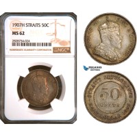 AC960, Straits Settlements, Edward VII, 50 Cents 1907-H, Heaton, Silver, NGC MS62