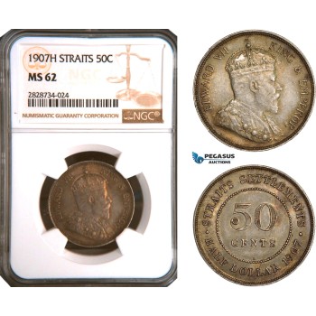 AC960, Straits Settlements, Edward VII, 50 Cents 1907-H, Heaton, Silver, NGC MS62