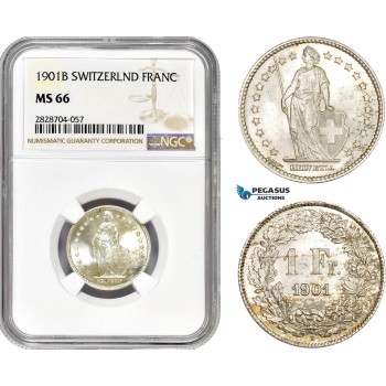 AC963, Switzerland, 1 Franc 1901-B, Bern, Silver, NGC MS66