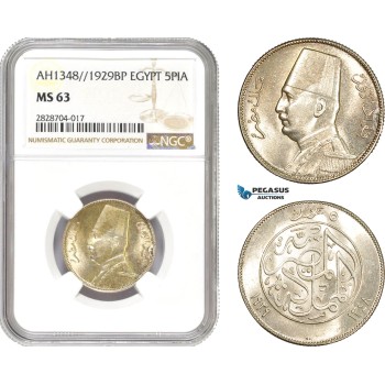 AC973, Egypt, Fuad, 5 Piastres AH1348 / 1929-BP, Budapest, Silver, NGC MS63 AC973, Egypt, Fuad, 5 Piastres AH1348 / 1929-BP, Budapest, Silver, NGC MS63