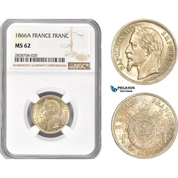 AC976, France, Napoleon III, 1 Franc 1866-A, Paris, Silver, NGC MS62