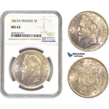 AC977, France, Napoleon III, 5 Francs 1867-A, Paris, Silver, NGC MS62