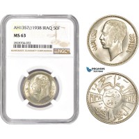 AC986, Iraq, Ghazi I, 50 Fils AH1357 / 1938, Bombay, Silver, NGC MS63 AC986, Iraq, Ghazi I, 50 Fils AH1357 / 1938, Bombay, Silver, NGC MS63
