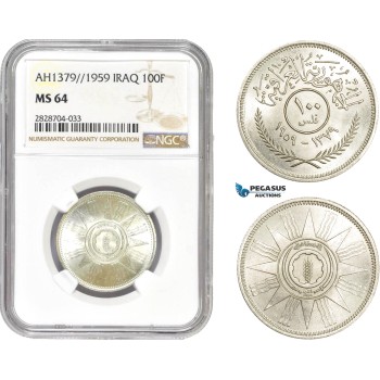 AC987, Iraq, 100 Fils AH1379 / 1959, Silver, NGC MS64