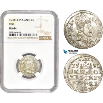 AC991, Latvia, Riga, Sigismund III. of Poland, 3 Groschen (Trojak) 1590, Silver, NGC MS64