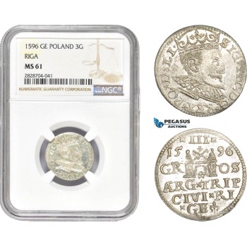 AC993, Latvia, Riga, Sigismund III. of Poland, 3 Groschen (Trojak) 1596, Silver, NGC MS61