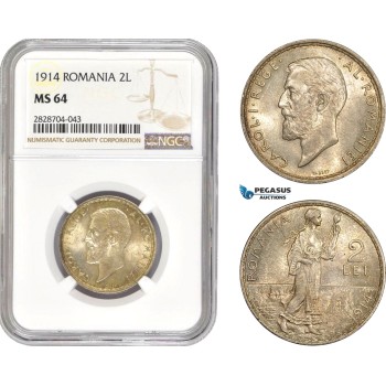 AC995, Romania, Carol I, 2 Lei 1914, Silver, NGC MS64