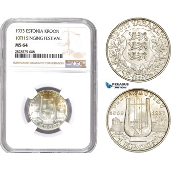 AD008-R, Estonia, 1 Kroon 1933, Silver, NGC MS64